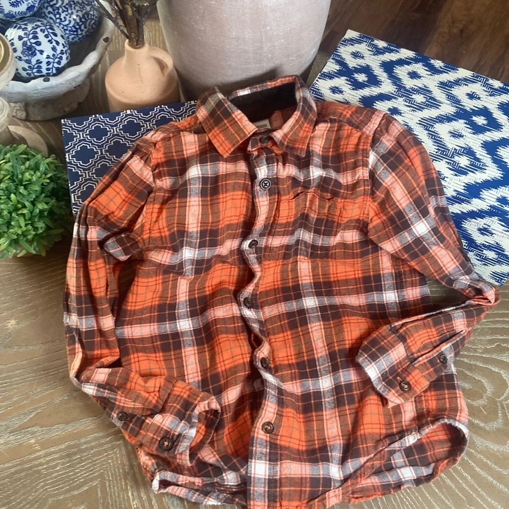 Boys Gymboree Orange Creamy White & Chocolate Brown Plaid Flannel Shirt